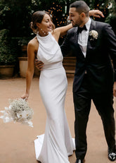 Eleanore | Classic Trumpet/Mermaid High Neck Backless White Satin Maxi Wedding Dress with Long Train - Price #price_variant_lowest# - White - PromDressClub